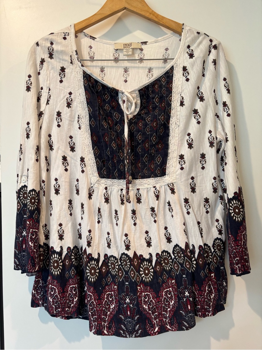 Vintage America cotton Boho top with 3/4 sleeves size L new without tags!